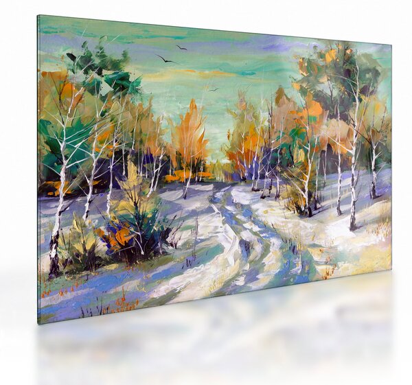 Tablou pe sticlă - Drum înzăpezit prin pădure (70x50 cm)