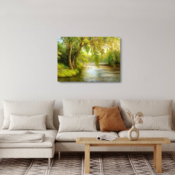Tablou pe sticlă - Salcie lângă lac, pictură în ulei (70x50 cm)
