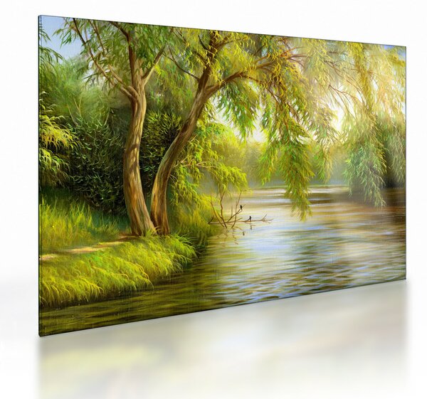 Tablou pe sticlă - Salcie lângă lac, pictură în ulei (70x50 cm)
