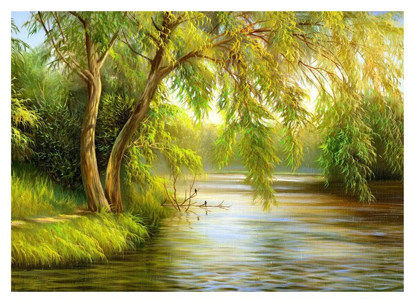 Tablou pe sticlă - Salcie lângă lac, pictură în ulei (70x50 cm)