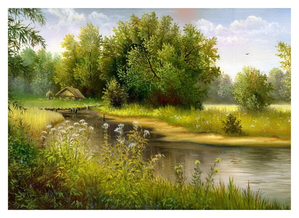 Tablou pe sticlă - Râu lângă pădure, pictură în ulei (70x50 cm)