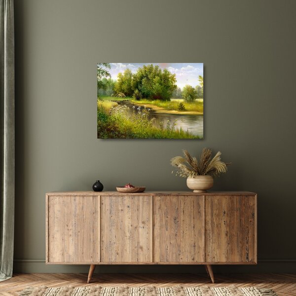 Tablou pe sticlă - Râu lângă pădure, pictură în ulei (70x50 cm)