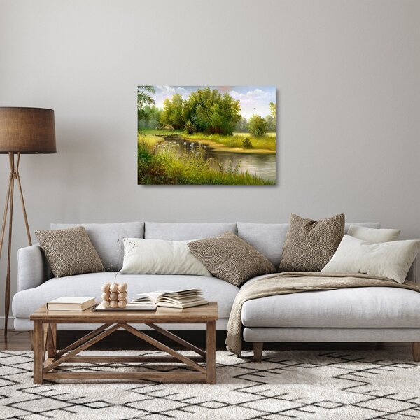 Tablou pe sticlă - Râu lângă pădure, pictură în ulei (70x50 cm)