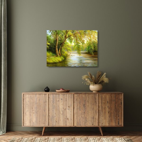 Tablou pe sticlă - Salcie lângă lac, pictură în ulei (70x50 cm)