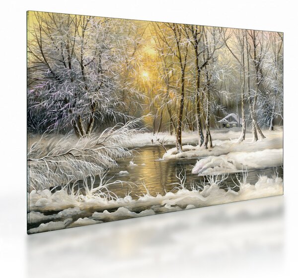 Tablou pe sticlă - Cabană în pădure, pictură în uei (70x50 cm)