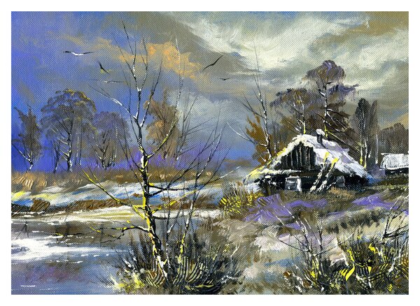 Tablou pe sticlă -Cabane într-un peisaj de iarnă, pictură în ulei (70x50 cm)