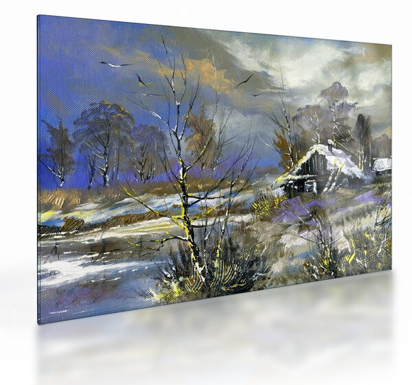 Tablou pe sticlă -Cabane într-un peisaj de iarnă, pictură în ulei (70x50 cm)