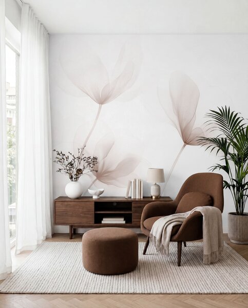 Tapet Flori bej aerisite într-un stil minimalist și luminos, Fototapet Flori, w09734 : Uwalls.ro