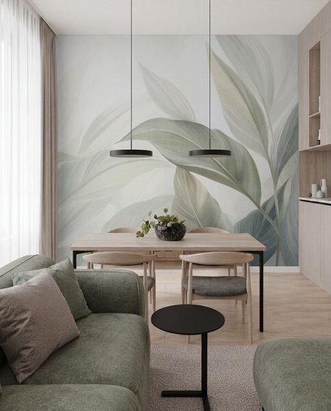 Tapet Frunze tropicale mari, de un verde pal, cu nuanțe delicate, pastelate, și texturi, Fototapet Natură, Fototapet Frunze, w09816 : Uwalls.ro