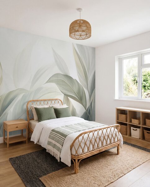 Tapet Frunze tropicale mari, de un verde pal, cu nuanțe delicate, pastelate, și texturi, Fototapet Natură, Fototapet Frunze, w09816 : Uwalls.ro