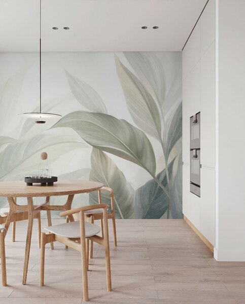 Tapet Frunze tropicale mari, de un verde pal, cu nuanțe delicate, pastelate, și texturi, Fototapet Natură, Fototapet Frunze, w09816 : Uwalls.ro