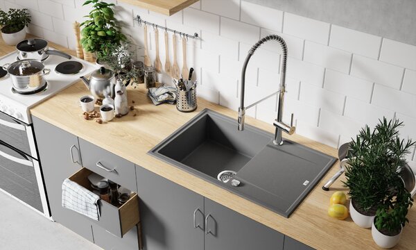 Laveo Megalo, chiuvetă granit cu 1 cameră 780x500x185 mm, negru, LAV-SBE_711T