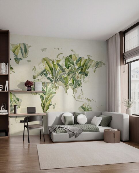 Tapet O hartă verde a lumii realizată din frunze de bananier, Fototapet Harta lumii, c00007 : Uwalls.ro