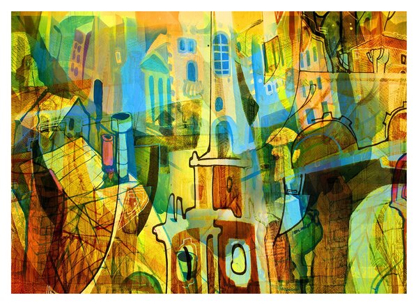 Tablou pe sticlă - Arhitectură, abstractizare cubistă (70x50 cm)