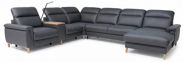 Colțar extensibil din piele naturală Mia cu șezlong și reclinere electrice
