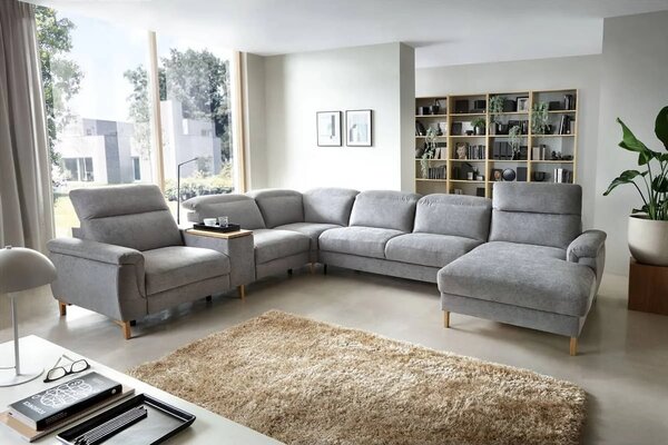 Colțar extensibil Mia cu șezlong și reclinere electrice - textil