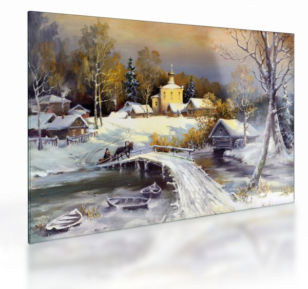Tablou pe sticlă - Orășel iarna (70x50 cm)