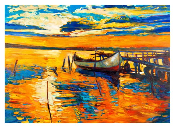 Tablou pe sticlă - Barca la apus de soare (70x50 cm)