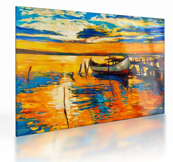 Tablou pe sticlă - Barca la apus de soare (70x50 cm)