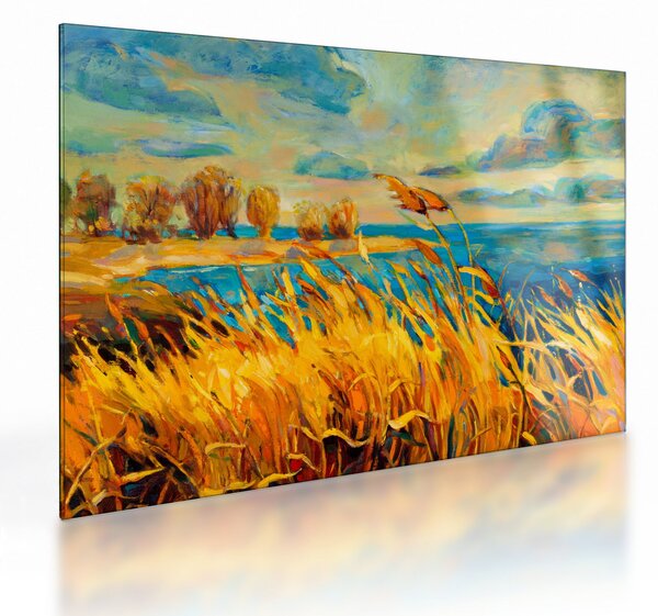 Tablou pe sticlă - Apus de soare peste lac, pictură acrilică (70x50 cm)