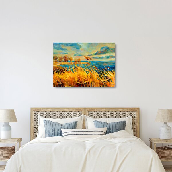 Tablou pe sticlă - Apus de soare peste lac, pictură acrilică (70x50 cm)