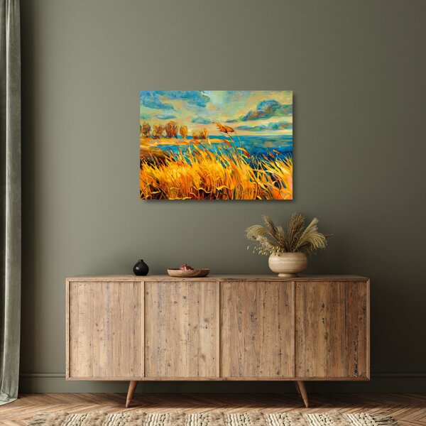 Tablou pe sticlă - Apus de soare peste lac, pictură acrilică (70x50 cm)