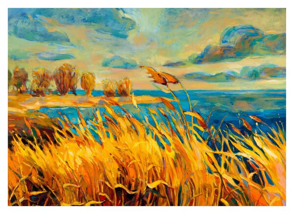 Tablou pe sticlă - Apus de soare peste lac, pictură acrilică (70x50 cm)