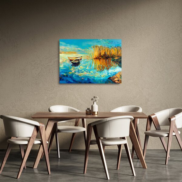 Tablou pe sticlă - Lacul cu bărci (70x50 cm)