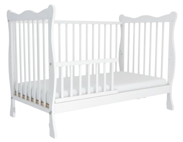 Patut din lemn masiv cu bariera 120x60 cm Kidizi Isla alb si saltea cocos LUX 120x60x12 cm,reglabil pe 3 nivele, certificat EN71