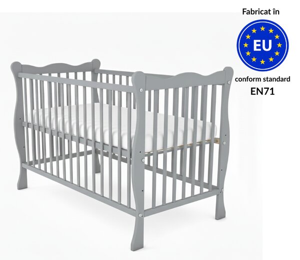 Patut din lemn masiv 120x60 cm Kidizi Isla gri si saltea cocos LUX 120x60x9 cm,reglabil pe 3 nivele, certificat EN71