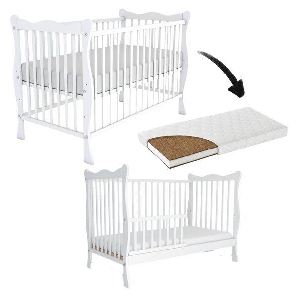 Patut din lemn masiv cu bariera 120x60 cm Kidizi Isla alb si saltea cocos LUX 120x60x12 cm,reglabil pe 3 nivele, certificat EN71