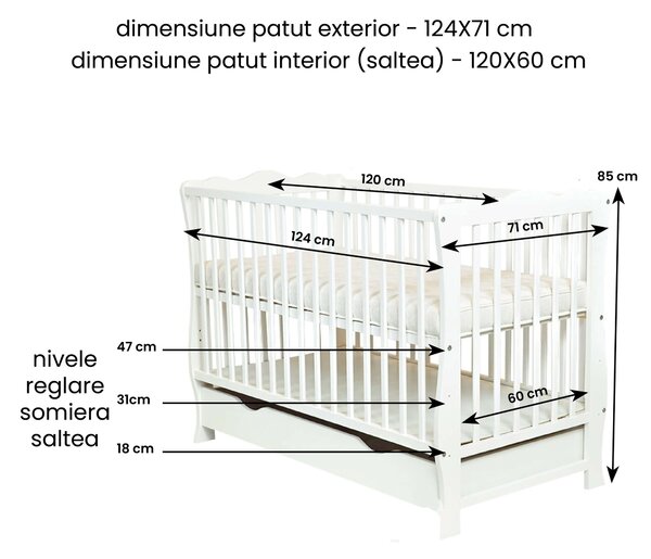 Patut din lemn masiv cu sertar, capac si bariera 120x60 cm Kidizi Isla alb,reglabil pe 3 nivele, certificat EN71