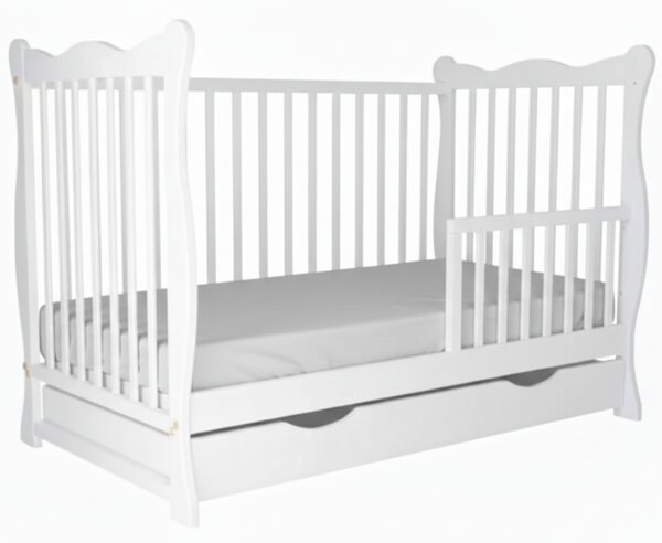 Patut din lemn masiv cu sertar, capac si bariera 120x60 cm Kidizi Isla alb,reglabil pe 3 nivele, certificat EN71