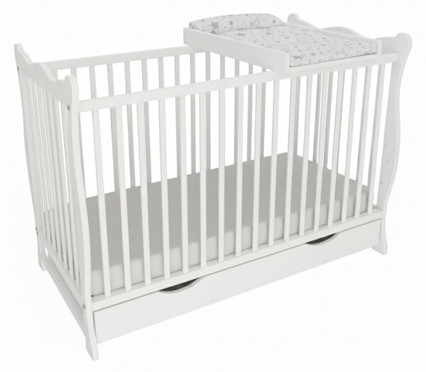 Patut din lemn masiv cu sertar si capac 120x60 cm Kidizi Isla alb, masuta infasat din lemn si salteluta incluse, reglabil pe 3 nivele, certificat EN71