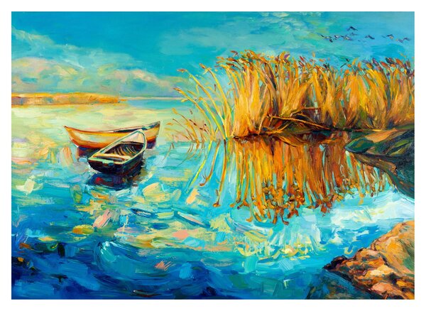 Tablou pe sticlă - Lacul cu bărci (70x50 cm)