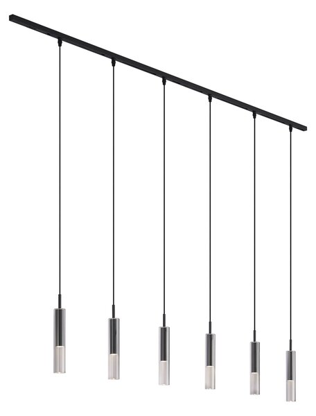 Sistem de iluminat pe șină modern negru cu 6 lămpi suspendate negre cu sticlă fumurie monofazat - Slimline Loyce