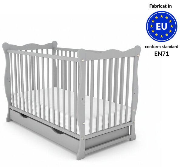 Patut din lemn masiv cu sertar si capac 120x60 cm Kidizi Isla gri si saltea cocos LUX 120x60x12 cm,reglabil pe 3 nivele, certificat EN71