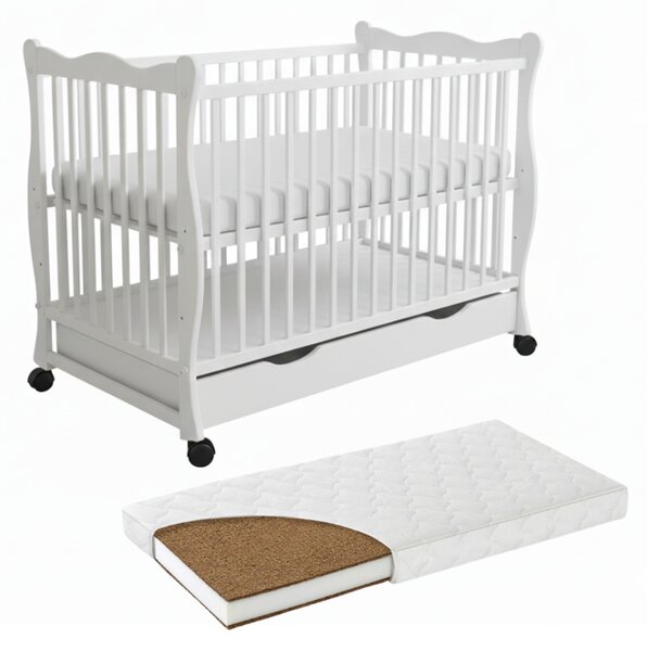 Patut din lemn masiv cu sertar, capac si roti 120x60 cm Kidizi Isla alb si saltea cocos LUX 120x60x9 cm,reglabil pe 3 nivele, certificat EN71
