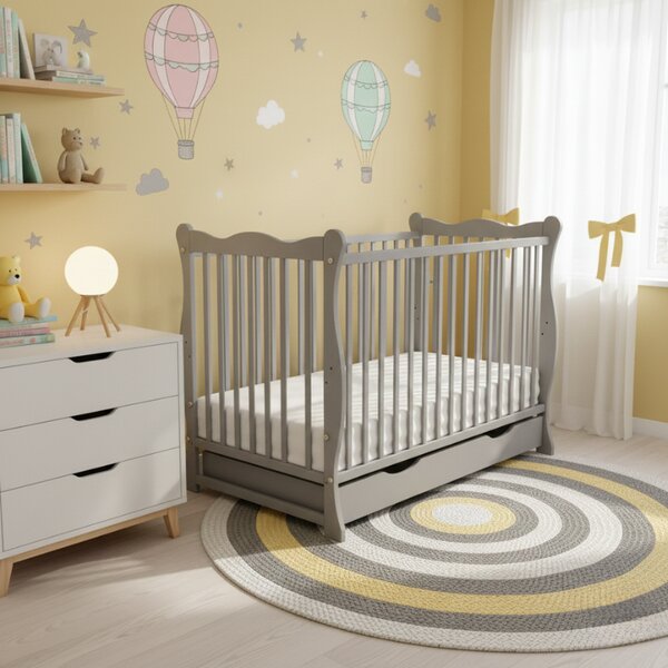 Patut din lemn masiv cu sertar si capac 120x60 cm Kidizi Isla gri,reglabil pe 3 nivele, certificat EN71