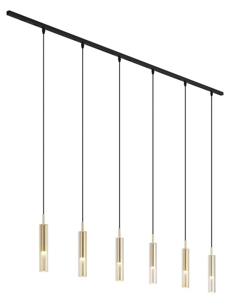 Sistem de iluminat pe șină modern negru cu 6 lămpi suspendate aurii cu sticlă ambră monofazată - Slimline Loyce