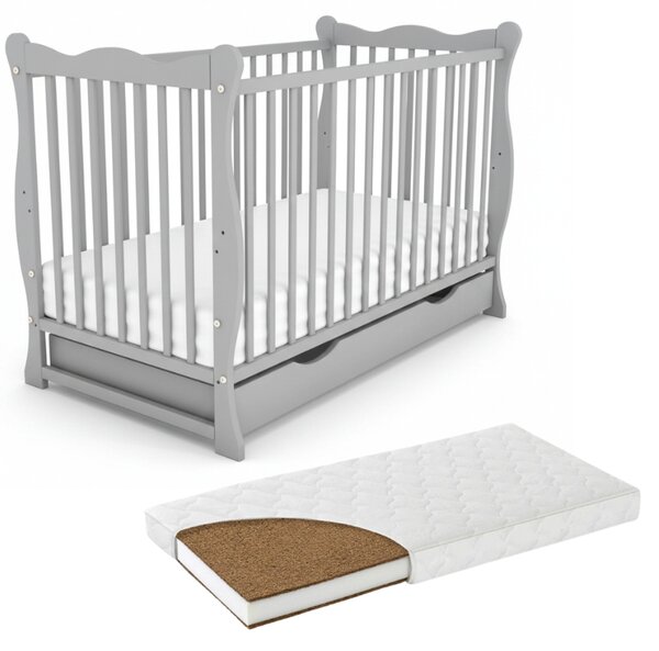 Patut din lemn masiv cu sertar si capac 120x60 cm Kidizi Isla gri si saltea cocos LUX 120x60x12 cm,reglabil pe 3 nivele, certificat EN71