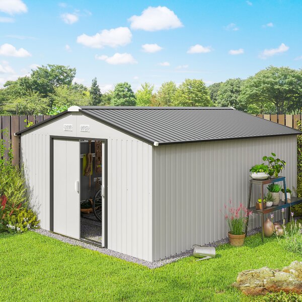 Outsunny Cobertizo de Jardín Exterior 12,4 m² 340x386x200 cm con Puerta Corredera Techo Inclinado y 4 Ventanas Blanco | Aosom Romania