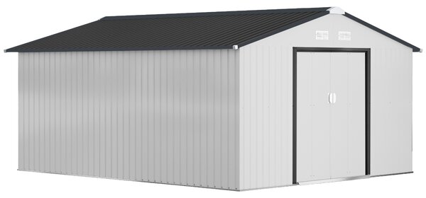 Outsunny Cobertizo de Jardín Exterior 12,4 m² 340x386x200 cm con Puerta Corredera Techo Inclinado y 4 Ventanas Blanco | Aosom Romania