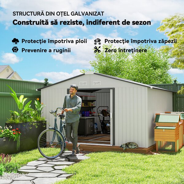 Outsunny Cobertizo de Jardín Exterior 12,4 m² 340x386x200 cm con Puerta Corredera Techo Inclinado y 4 Ventanas Blanco | Aosom Romania