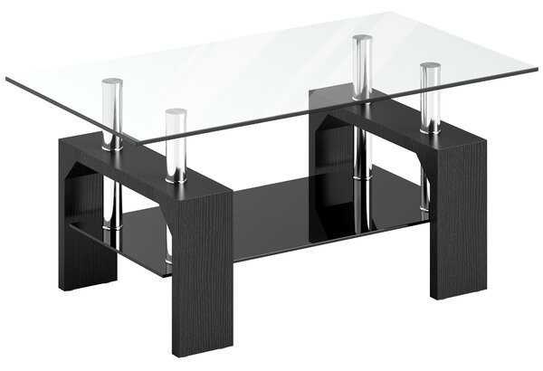 HOMCOM Măsuță de Cafea Modernă cu 2 Nivele din Lemn și Oțel cu Blat din Sticlă Temperată, 90x50x42 cm, Negru | Aosom Romania