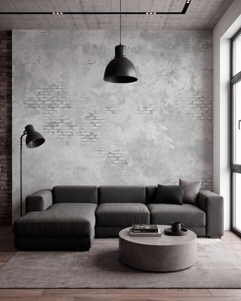 Tapet Tencuială gri în stil grunge, cu porțiuni de cărămidă aparentă, Fototapet stil industrial, w05161v2 : Uwalls.ro