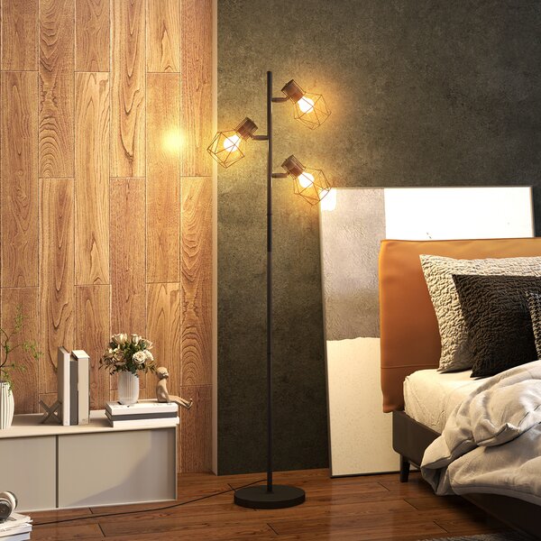 HOMCOM Lampă de Podea cu 3 Lumini Reglabile și Întrerupător cu Buton, Lampă Modernă din Metal, 41x28x169 cm, Negru | Aosom Romania