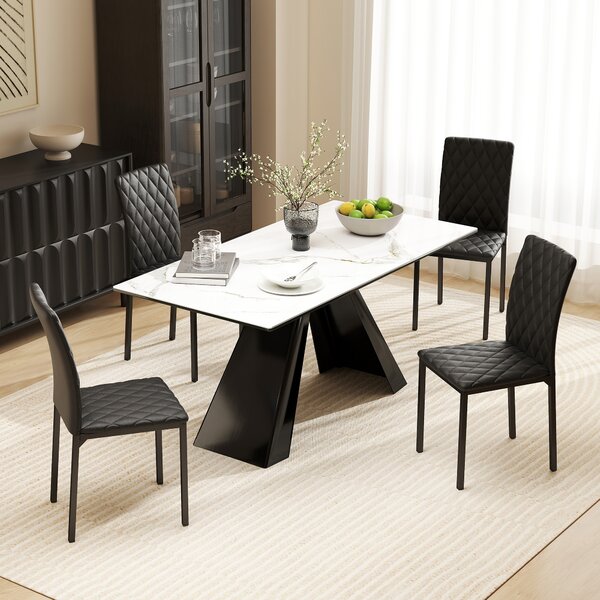 HOMCOM Set de 4 Scaune din Piele Ecologică cu Cusături Romboidale și Picioare din Oțel, 41x50x91 cm, Negru | Aosom Romania