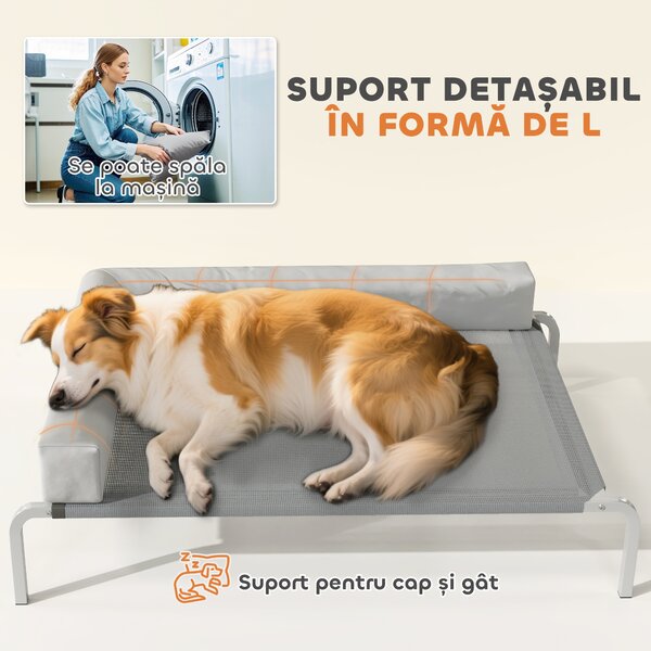 PawHut Pat Ridicat cu Pernă Detasabilă, Plasa Ventilată, Talie Medie, Gri Deschis | Aosom Romania