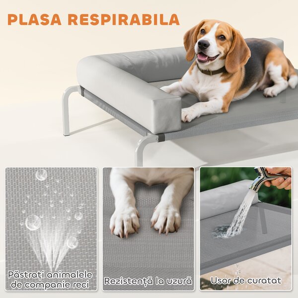PawHut Pat Ridicat cu Pernă Detasabilă, Plasa Ventilată, Talie Medie, Gri Deschis | Aosom Romania
